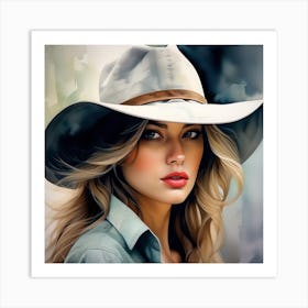 Beautiful Cowgirl with Hat - Watercolor Portrait Art Print