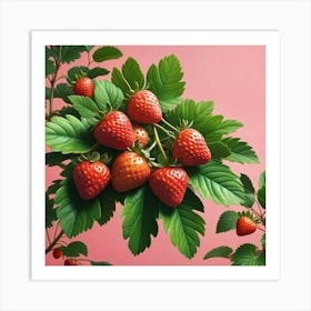 Strawberry Branch On Pink Background Art Print