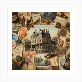 A Collection Of Vintage Postcards Showcasing A Castle And Various Stamps, With Coffee Corner Wallpaper In The Background Art Print