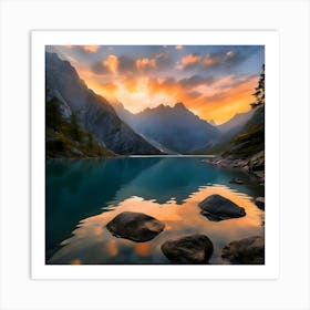 A Serene Lake Surrounded By Towering Mountains At Sunrise(4) Art Print