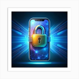 A Smartphone With A Gold Padlock In The Center, Surrounded By A Blue And Purple Network, Representing Digital Security Art Print