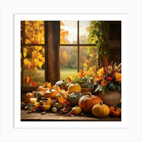 Autumn Harvest Celebration Captured In A Rustic Farmhouse Setting Pumpkins And Various Gourds Offer (3) Art Print