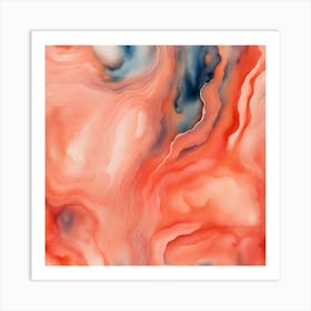 Beautiful salmon coral abstract background. Drawn, hand-painted aquarelle. Wet watercolor pattern. Artistic background with copy space for design. Vivid web banner. Liquid, flow, fluid effect. Art Print