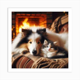 Dog And Kitten In Front Of Fireplace 1 Art Print