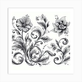 Black And White Floral Design 6 Art Print