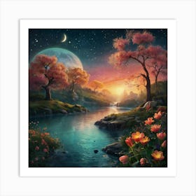 Moonlight By The River Art Print