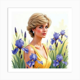 Watercolor Portrait Of Princess Diana Amidst A Field Of Irises 1 Art Print