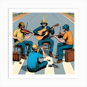 A Photograph With Three Pals Playing Harmony On The Road Similar To Pop Art Style 2 Art Print