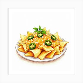 A Charming Watercolor Depiction Of A Plate Of Nachos With Melted Cheese And Jalapeños Art Print