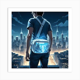 Man With Backpack With Futuristic Cityscape Display Standing On Rooftop Overlooking City Art Print