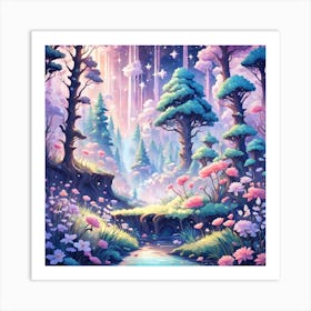 A Fantasy Forest With Twinkling Stars In Pastel Tone Square Composition 241 Art Print