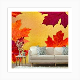 An Abstract Fall Themed Wallpaper A Group Of Maple Leaves In A Rainbow Of Autumn Hues Vivid Red W 2 Art Print