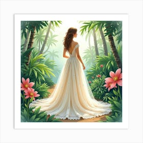 Enchanting Gown Watercolor, In A Lush Tropical Garden 1 Art Print