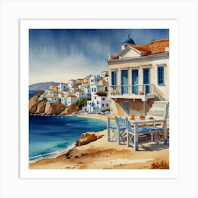 House By The Sea.Summer on a Greek island. Sea. Sand beach. White houses. Blue roofs. The beauty of the place. Watercolor. Art Print