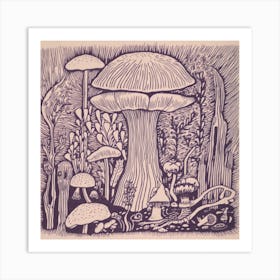 Mushroom Woodcut Purple 11 Art Print