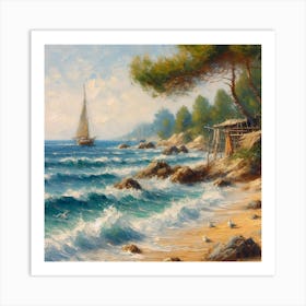 Sailing Boat On The Beach, Acrylic Painting Style Art Print