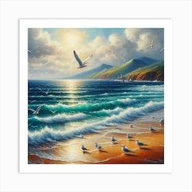 Seagulls On The Beach Art Print