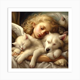 Angel Sleeping With Cats Art Print