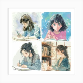 Collage Of Four Watercolor Illustrations Of Girls Writing In Notebooks Art Print