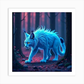 A Whimsical Lynx With A Mane Of Electric Blue Fur Prowling Through A Neon Forest 1 Art Print