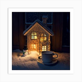 Firefly Cup, Cozy, Miniature, House, Illuminated, Windows, Snowy, Landscape, Snowman, Winter, Warmth (3) Art Print