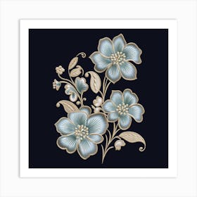 Dark Vintage Line Art of Blue Flowers Art Print