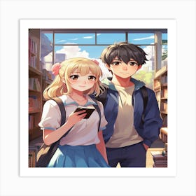 Anime Couple In Library Art Print