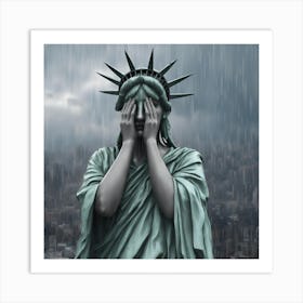 Statue Of Liberty Crying With Her Hands Covering Her Face, Raining Outside, City Background, Hyper R Art Print