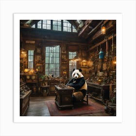 Panda in a retro repair shop Art Print