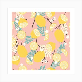 Lemon Pattern On Pink With Colorful Florals Square Art Print