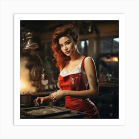 Woman In Red Apron Cooking Art Print