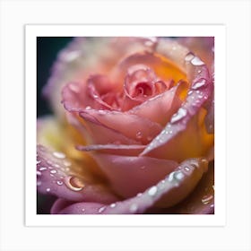 A Close Up Of A Delicate Rose On A Vibrant Flower Petal, Showcasing Its Reflective Surface And Intri (1) Art Print