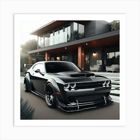 Charcoal Dodge Demon With Full Body Kit In Front Of Modern House 3 Art Print