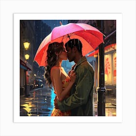 Kissing Couple In The Rain Art Print