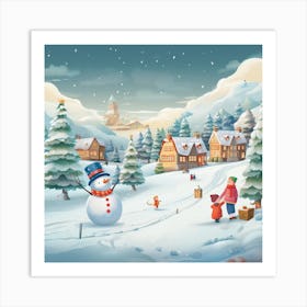 Snowman In The Village 1 Art Print