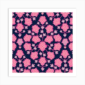 THISTLEDOWN Modern Floral Botanical Damask in Fuchsia Hot Pink Sand on Midnight Blue Art Print