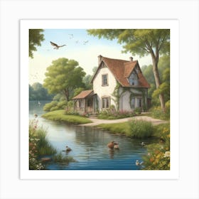 Cottage By The Lake Art Print