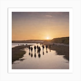 People Walking On Beach At Sunset Art Print