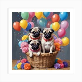 A Basket Full Of Pugs And Balloons Art Print