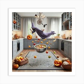 Halloween Witch Flying In The Kitchen Art Print