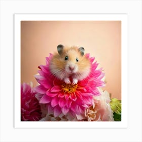 Firefly Cute, Hamster, Pink Dahlia, Bright Colors, Neutral Background, Adorable, Charming, Vibrant, (9) Art Print