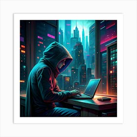 Hacker In A Hoodie Working In A Futuristic City Art Print