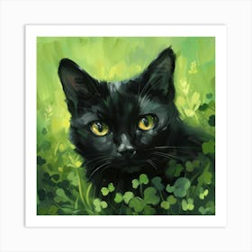 Black Cat In Green Grass Art Print