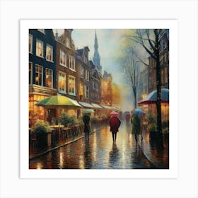 Amsterdam cafes, autumn season, rain, autumn oil colours.Faded colours,People passing on the street, winter clothes, rain umbrellas. 2 Póster