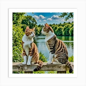 Two Cats Looking At The Lake Art Print