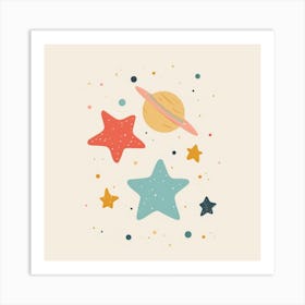 Planets And Stars Cute Kids Room Drawing Illustration Art Print