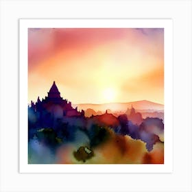 Watercolor sunset In Bagan 1 Art Print