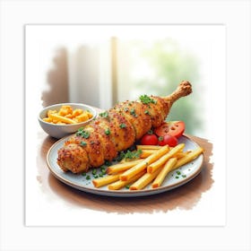 Watercolor Image Of A Savory And Aromatic Chicken Shawarma On A Chic Restaurant Table Art Print