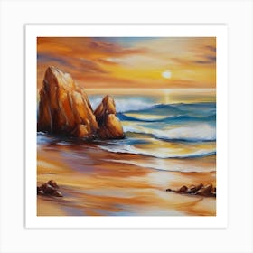 The sea. Beach waves. Beach sand and rocks. Sunset over the sea. Oil on canvas artwork.3 Art Print