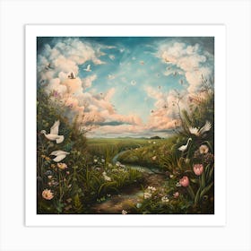 Vibrant Riverside With A Divine Sky Art Print